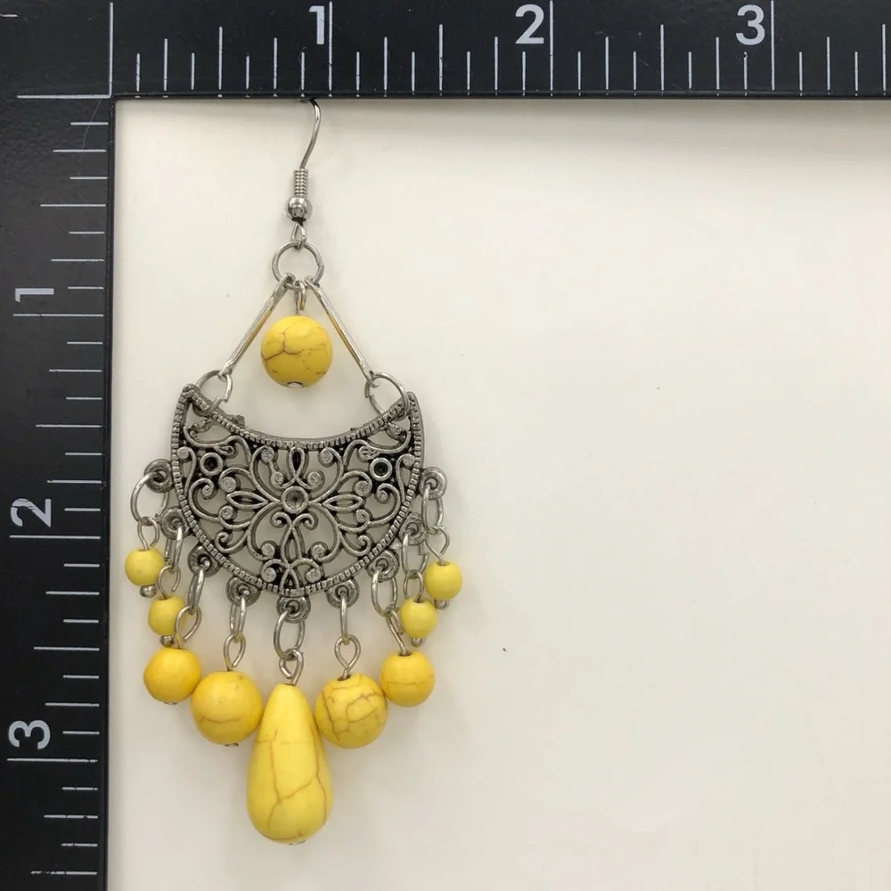 🍀 Yellow Stone Chandelier Silver Dangle Earrings - Picture 2 of 2